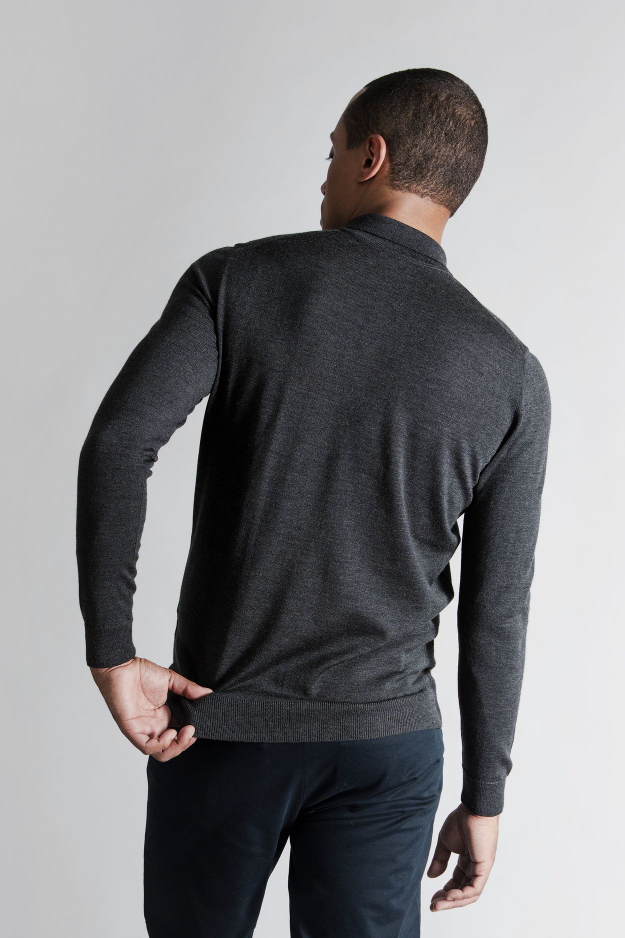 Charcoal Melange Wool Polo Buttoned Long Sleeve - ASKET