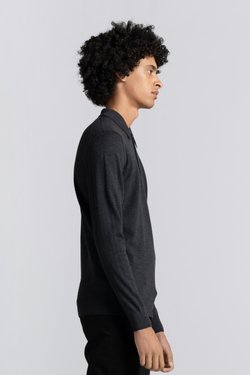 Charcoal Melange Merino Wool Polo | Buttoned Long Sleeve - ASKET
